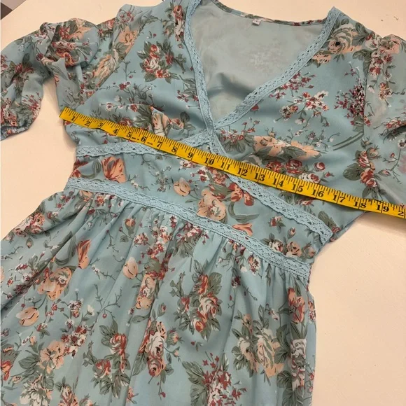 Floral V-Neck Blue Dress - Picture 2 of 4